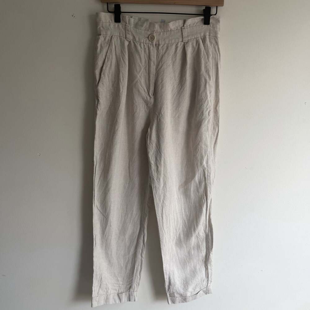 & Other Stories 100% Linen Straight Leg Paperbag Pants Size 6 Tan Coastal Boho